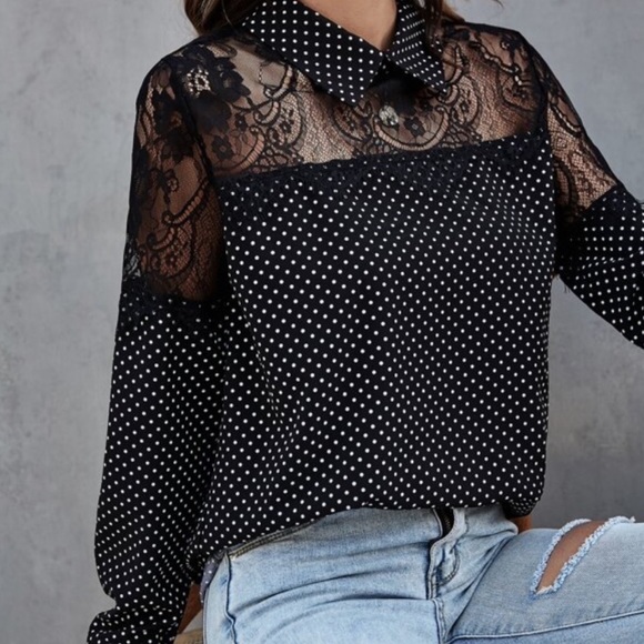 Tops - Black white polka dot floral sheer lace blouse